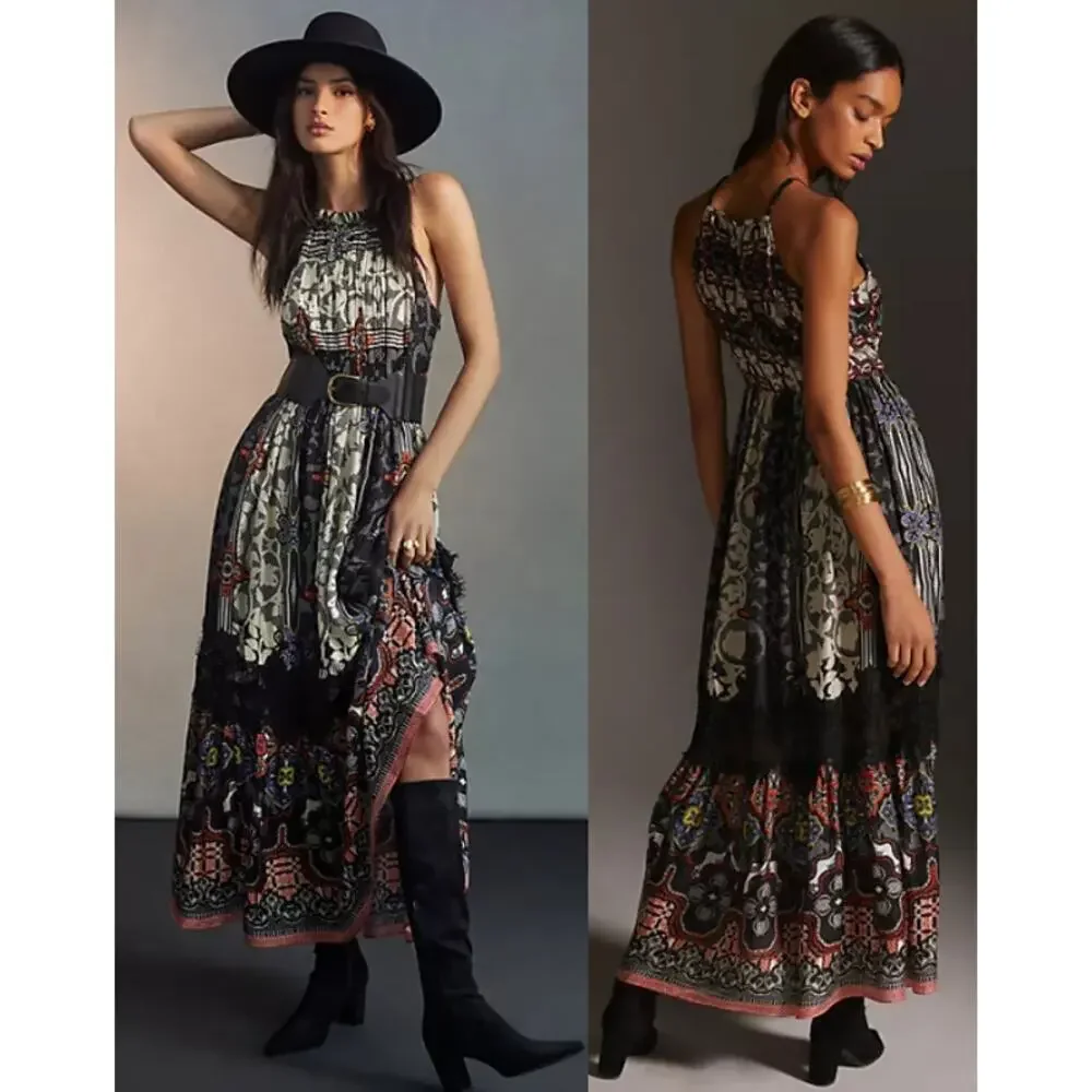NEW ANTHROPOLOGIE BHANUNI BY JYOTI SLEEVELESS BLACK FLORAL MAXI DRESS SIZE 6 - Picture 1 of 12